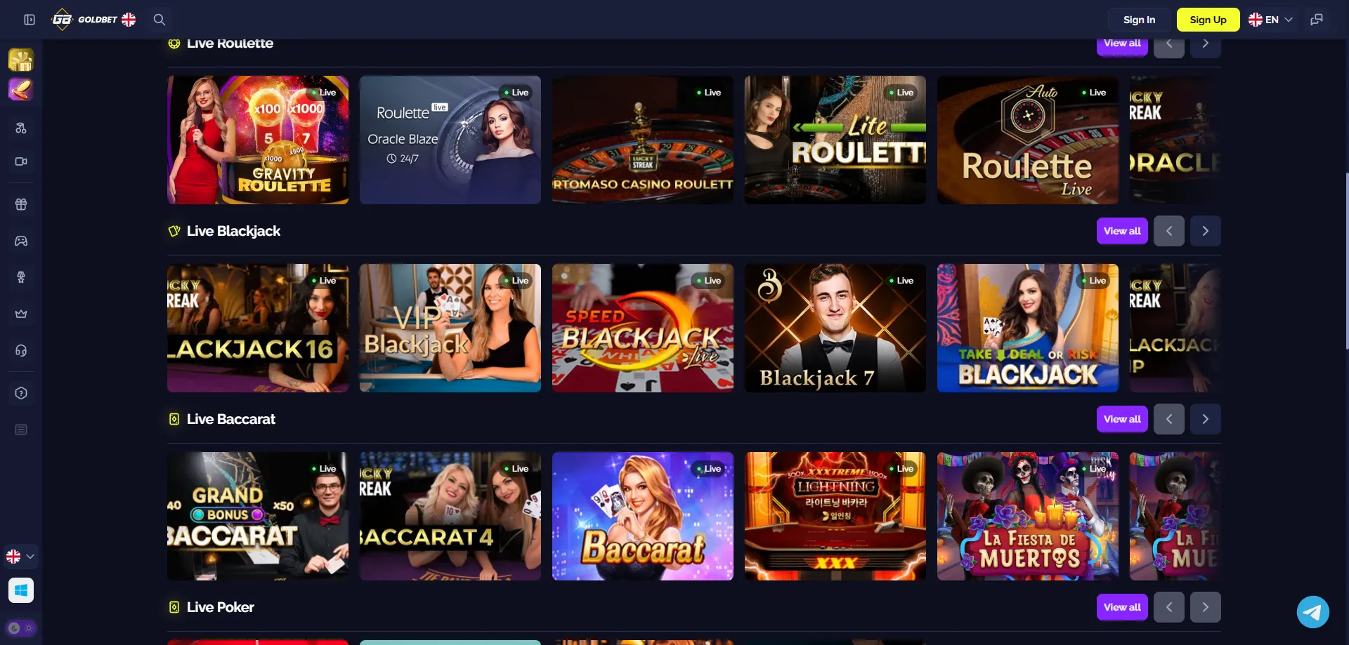 Cassino ao vivo Goldbet com dealers reais e mesas de roleta e blackjack